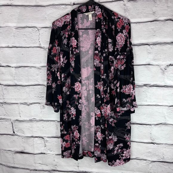 Soma Floral Kimono Cardigan Black Pink Open Front Size Large - Picture 2 of 5